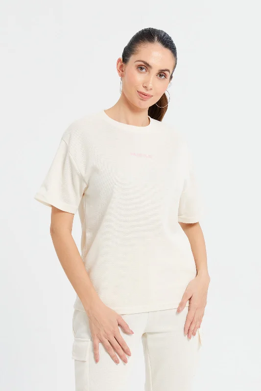 Women Beige Boxy Fit Printed T-Shirt