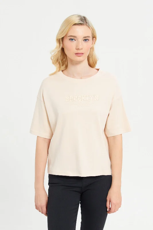 Women Beige Embroidered Boxy T-Shirt