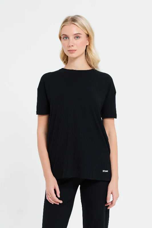 Women Black Oversize Ribbed T-Shirt