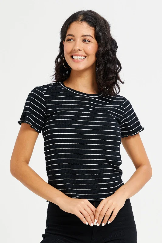 Women Black Stripe Rib T-Shirt