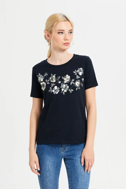 Women Black Embellished T-Shirt