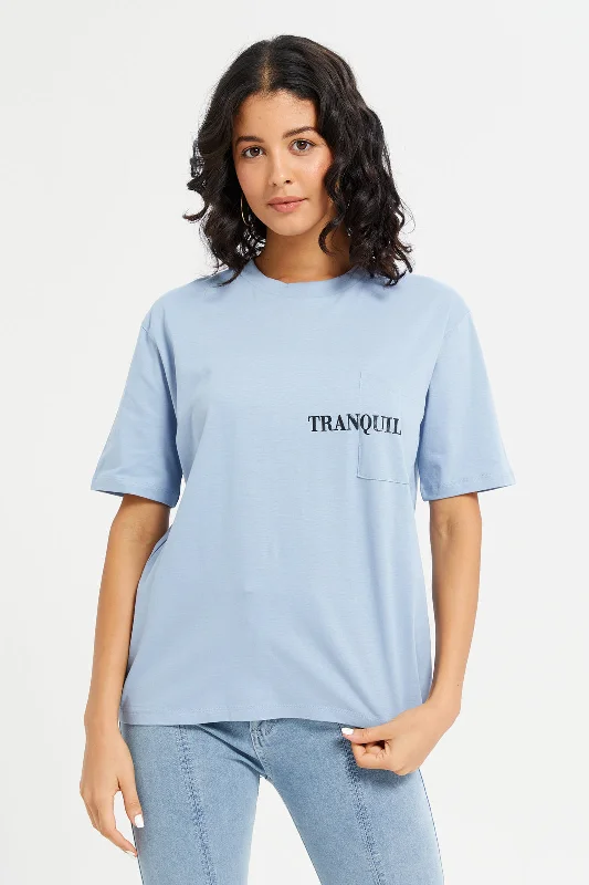 Women Blue Boxy With Printed Pocket T-Shirt