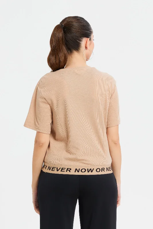 Women Brown Cropped T-Shirt With Waistband Details