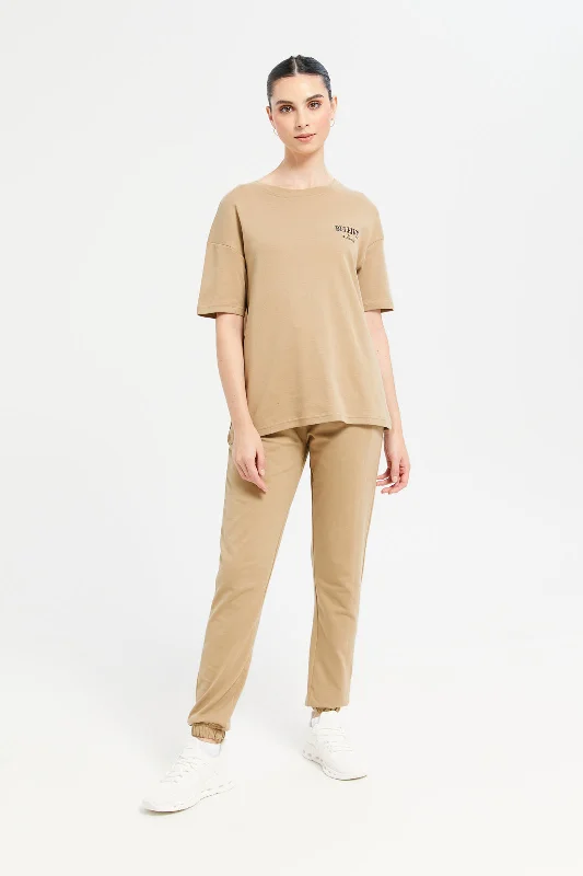 Women Brown Oversize T-Shirt With Placement Print