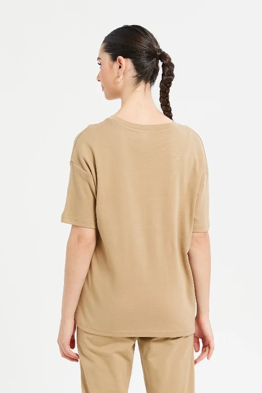 Women Brown Oversize T-Shirt With Placement Print