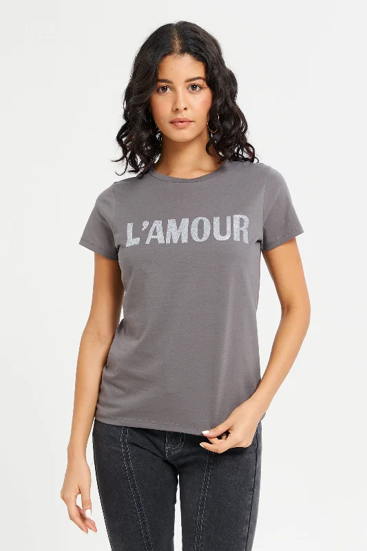 Women Grey Love Embossed T-Shirt