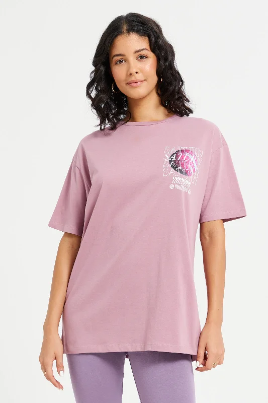 Women Mauve Saturn Oversized Printed T-Shirt