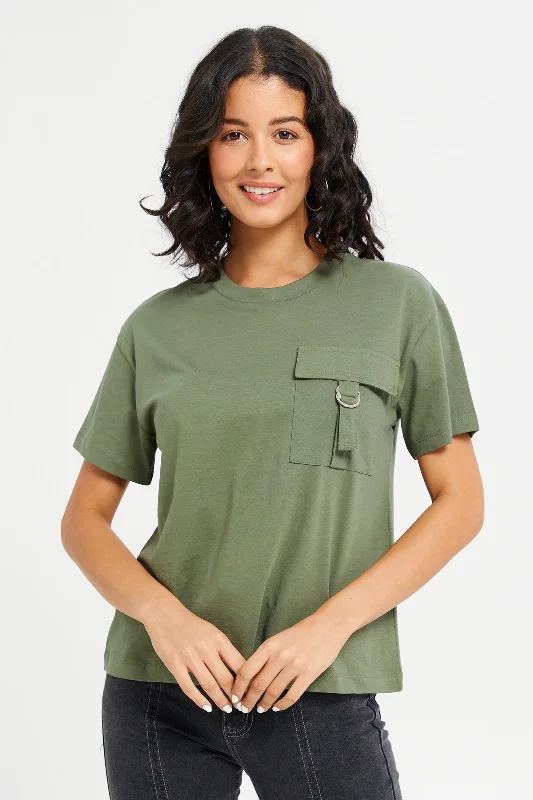 Women Olive Boxy With Pocket T-Shirt