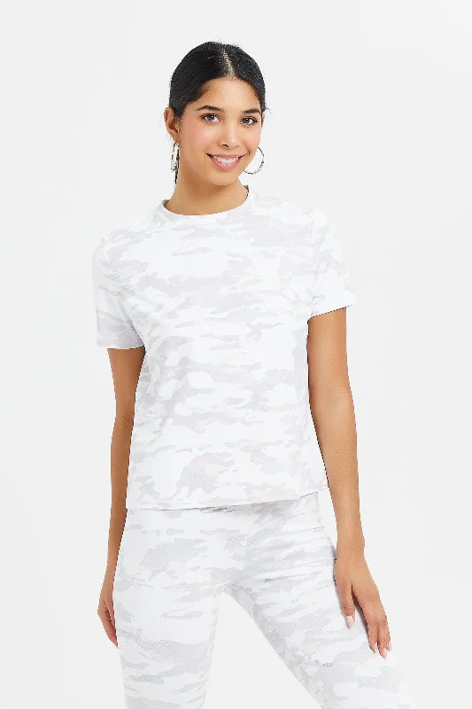 Women White Allover Foil Printed Active T-Shirt