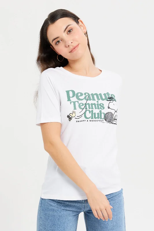 Women White Peanuts Printed T-Shirt