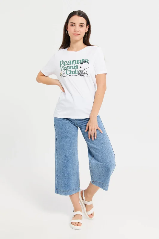 Women White Peanuts Printed T-Shirt