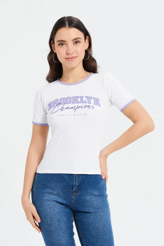 Women White Rib Printeed T-Shirt