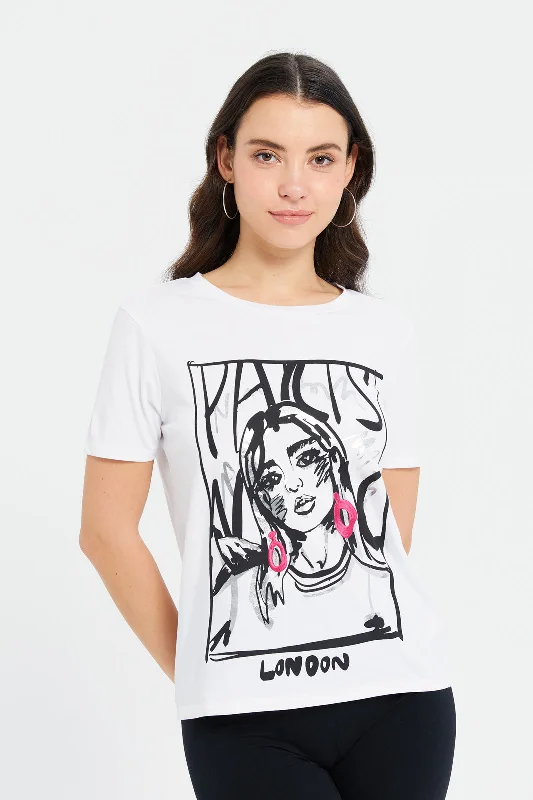 Women White Printed Embellished T-Shirt