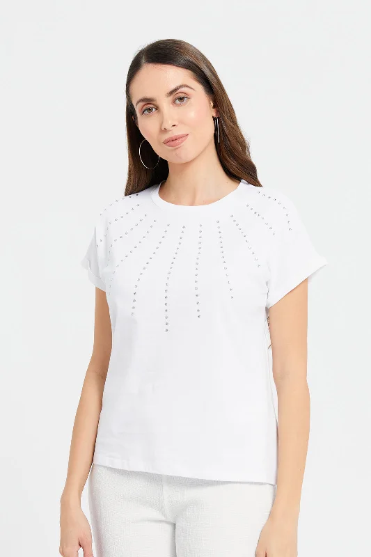 Women White Rolled Sleeves With Embellishment T-Shirt