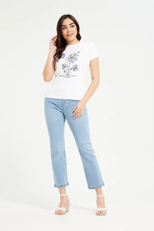 Women White Floral Printed T-Shirt