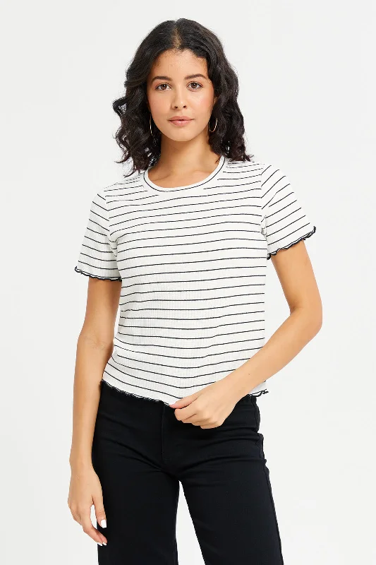 Women White Stripe Rib T-Shirt