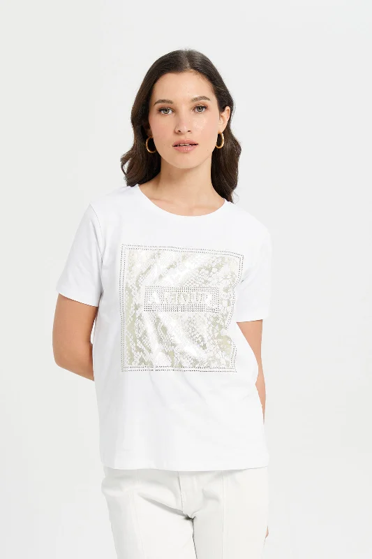 Women White Embellished T-Shirt