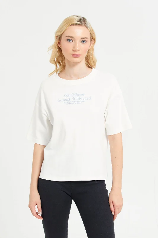 Women White Embroidered Boxy T-Shirt