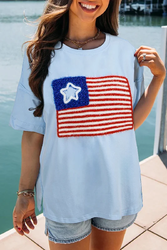 Beau Blue Tinsel American Flag Patched Oversized T Shirt