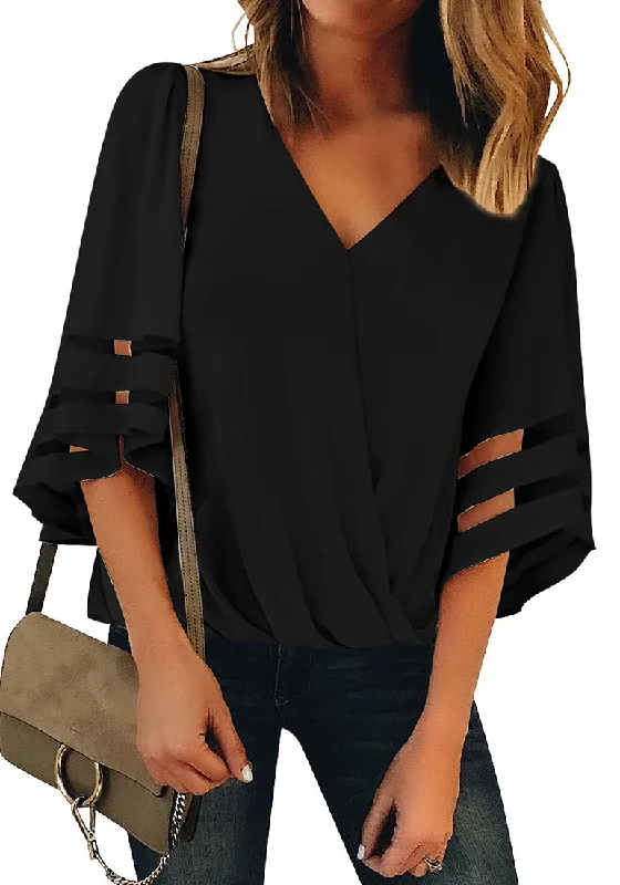 Black V-Neckline Bell Mesh Sleeves Loose Wrap Blouse