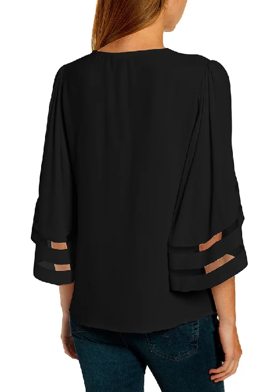 Black V-Neckline Bell Mesh Sleeves Loose Wrap Blouse