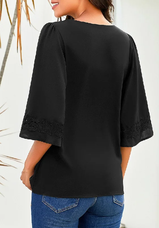 Black V-Neckline Crochet Lace Trim Sleeves Loose Blouse