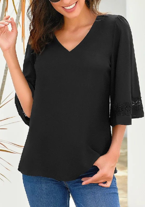 Black V-Neckline Crochet Lace Trim Sleeves Loose Blouse