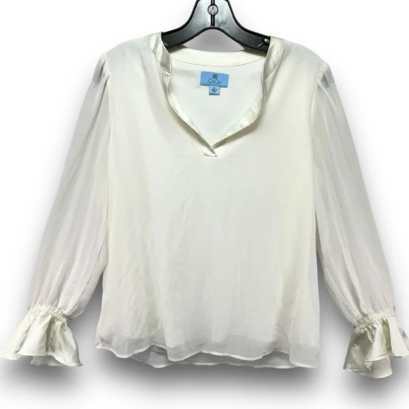 Ruffle Cuff Split Neck Blouse By Cece In Ivory, Size: M