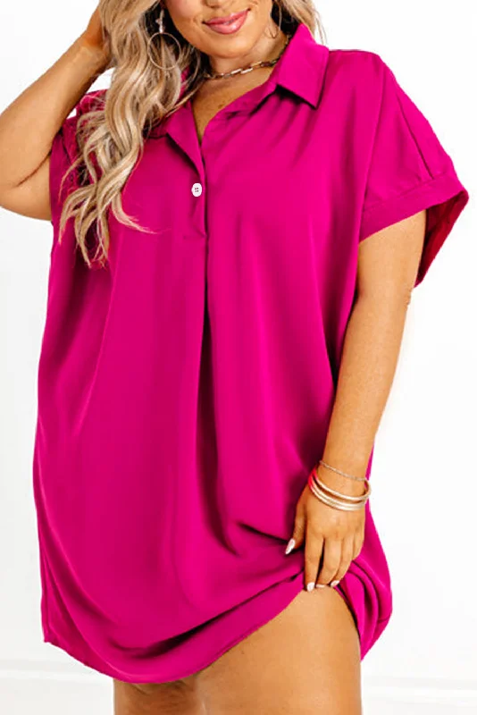 Bright Pink Collared V Neck Short Sleeve Plus Size Dress