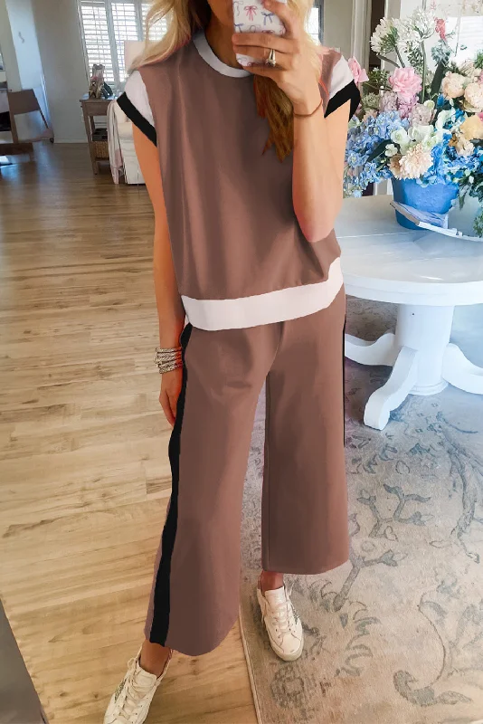 Chestnut Colorblock Cap Sleeve Tee and Wide Leg Pants Set