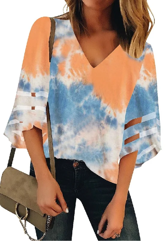 Women's V Neck Shirt Printed Top 3/4 Bell Sleeve Mesh Panel Blouse