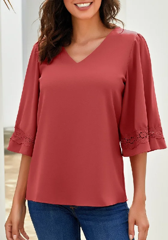 Coral  V-Neckline Crochet Lace Trim Sleeves Loose Blouse