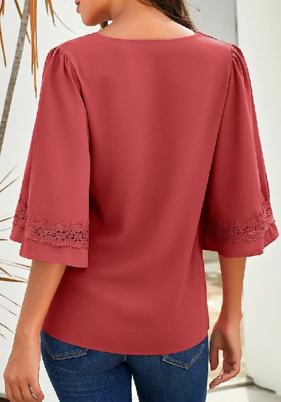 Coral  V-Neckline Crochet Lace Trim Sleeves Loose Blouse