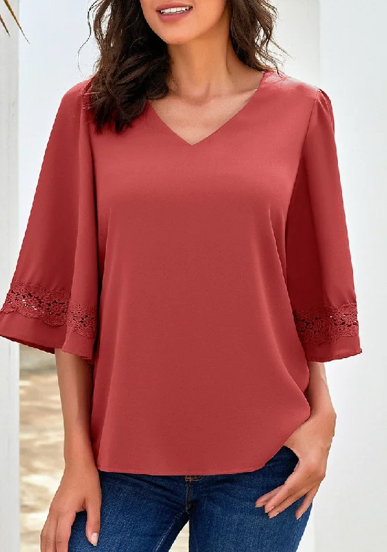 Coral  V-Neckline Crochet Lace Trim Sleeves Loose Blouse