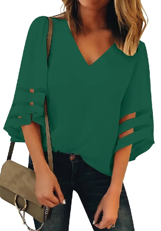 Women's V Neck Shirt Printed Top 3/4 Bell Sleeve Mesh Panel Blouse