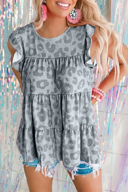 Gray Leopard Print Flutter Casual Tiered Pleated Summer Top