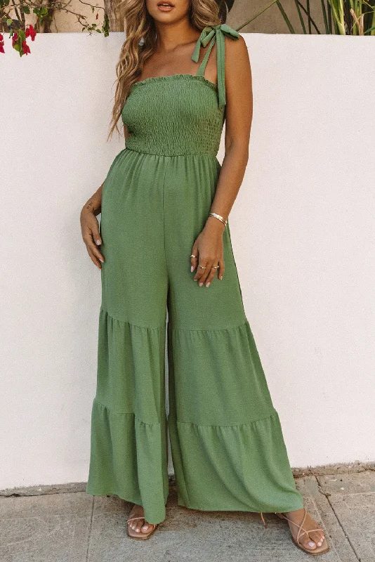 Green Tie Straps Shirred Casual Tiered Wide Leg Jumpsuit