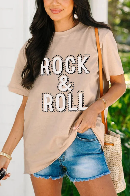 Khaki Rhinestone ROCK & ROLL Graphic T Shirt