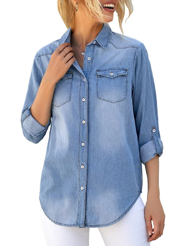 Women's Long Sleeve Collared Shirt Button Down Denim Blouse Tops