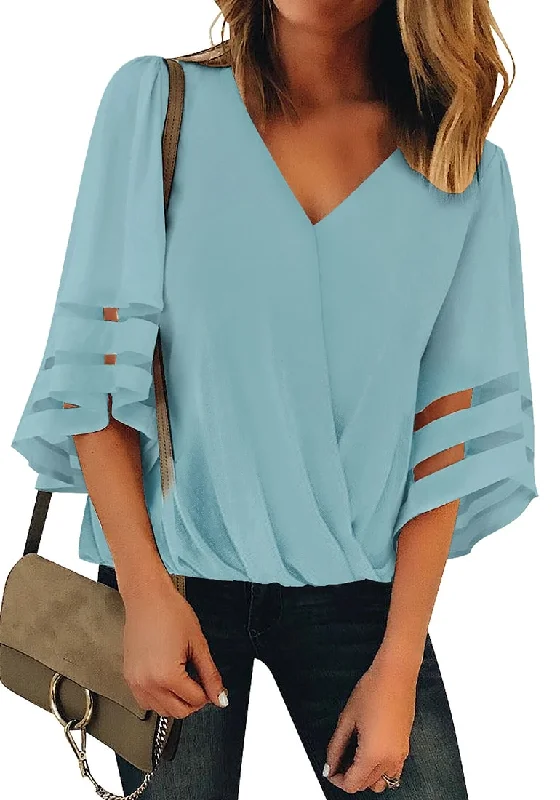 Light Blue V-Neckline Bell Mesh Sleeves Loose Wrap Blouse