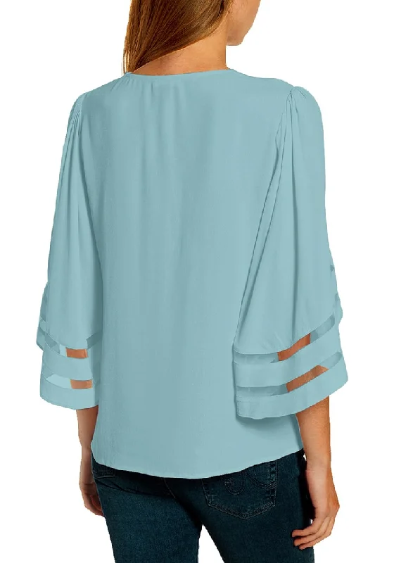 Light Blue V-Neckline Bell Mesh Sleeves Loose Wrap Blouse