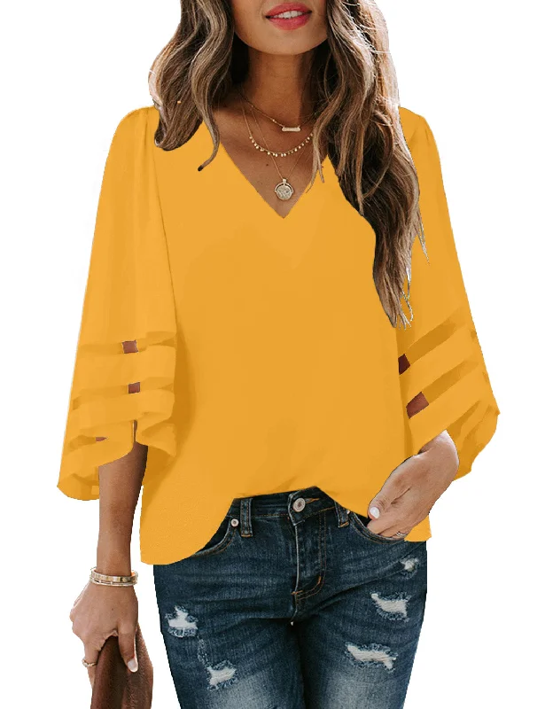 Women's V Neck Mesh Panel Blouse 3/4 Bell Sleeve Loose Top Shirt