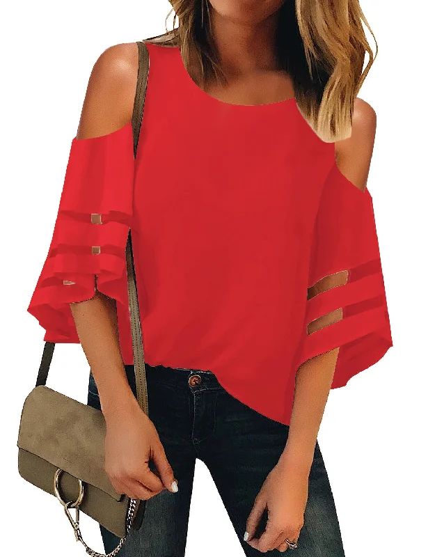 Women's Cold Shoulder Loose Shirt Tops 3/4 Bell Mesh Sleeve Blouse