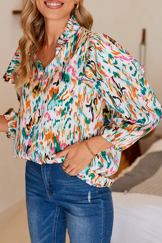 Multicolor Abstract Print 3/4 Puff Sleeve Ruffle Blouse