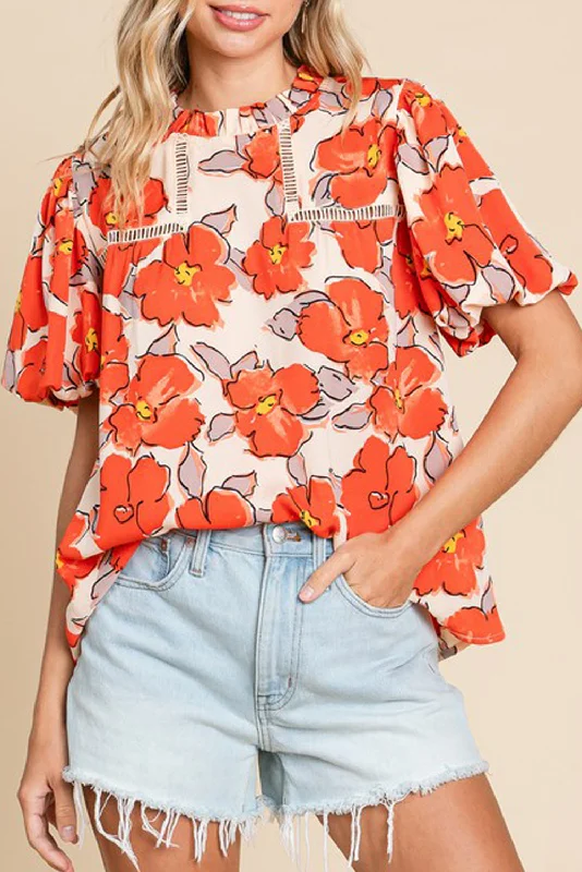 Orange Boho Floral Bubble Sleeve Frill Neck Blouse