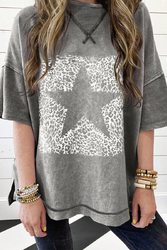 Philippine Gray Acid Wash Leopard & Star Graphic Drop Sleeve Tee