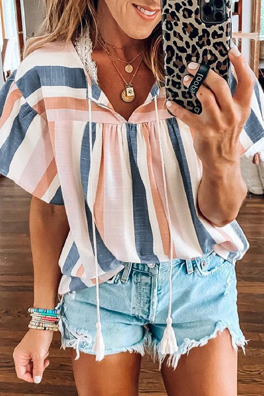 Pink and Blue Stripes Shirt Flutter Sleeve V Neck Blouse for Women