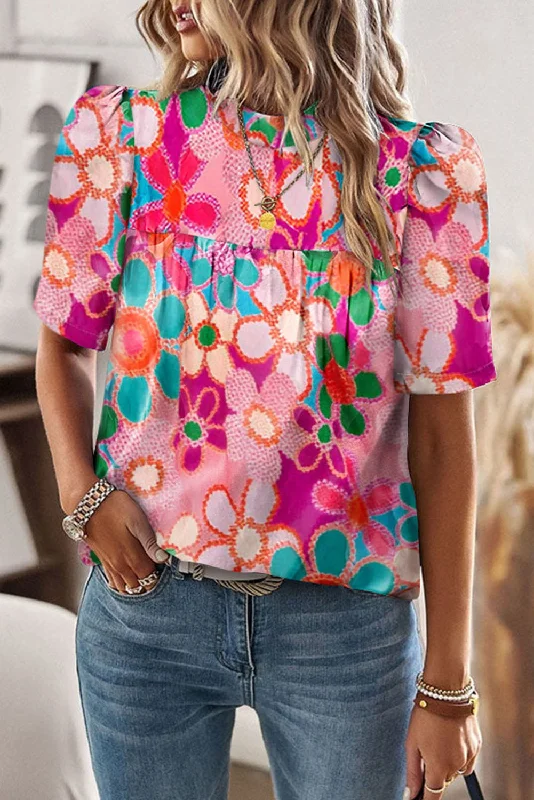 Purple Floral Print Crew Neck Short Sleeve Blouse