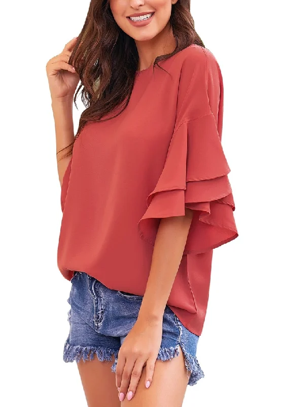 Rust Red Trumpet Sleeves Keyhole-Back Blouse