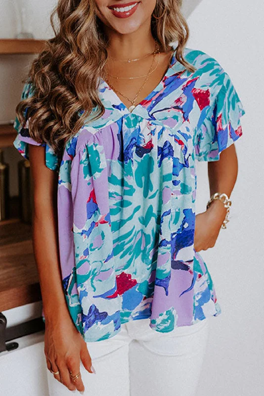 Sky Blue Boho Abstract Print V Neck Flutter Sleeve Blouse